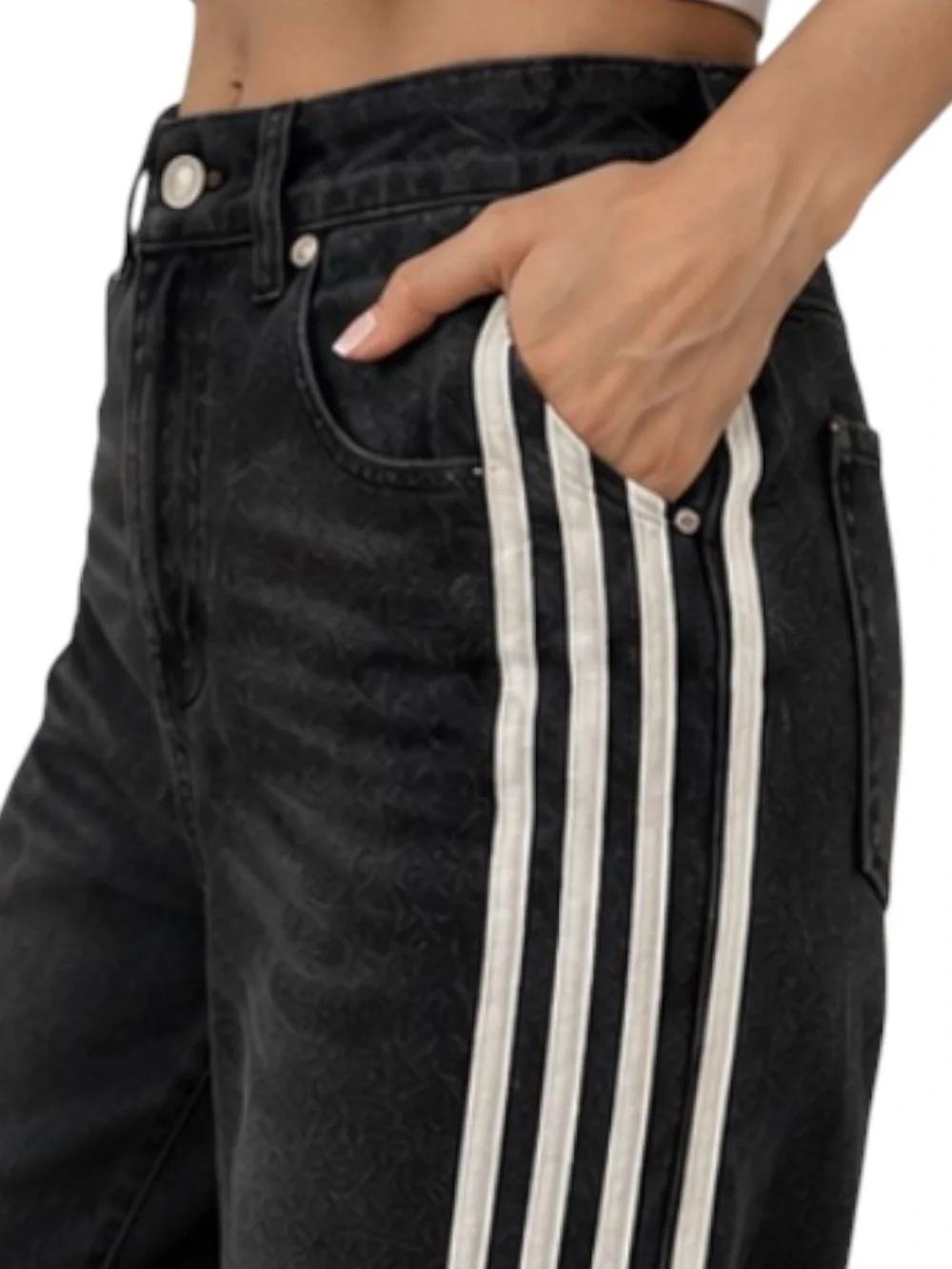 YNC Wide Leg High Rise Jeans Y2K Sporty Black Wash 4 Stripe Skater Denim